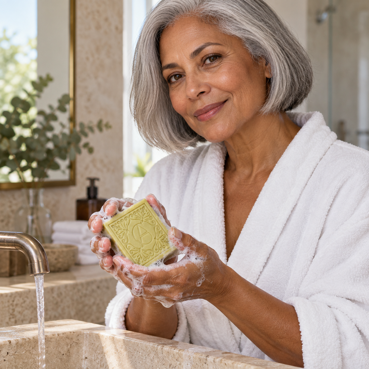 Mujer de cabello gris disfrutando del lavado de manos con jabón de Castilla. Escena creada con IA.