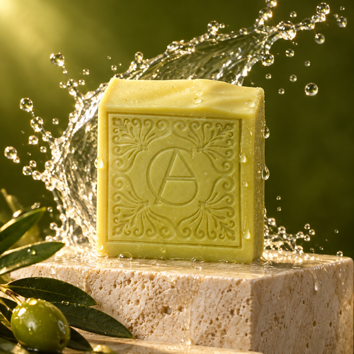 Jabón de Castilla con gotas de agua sobre fondo verde oliva. Composición creada con IA.